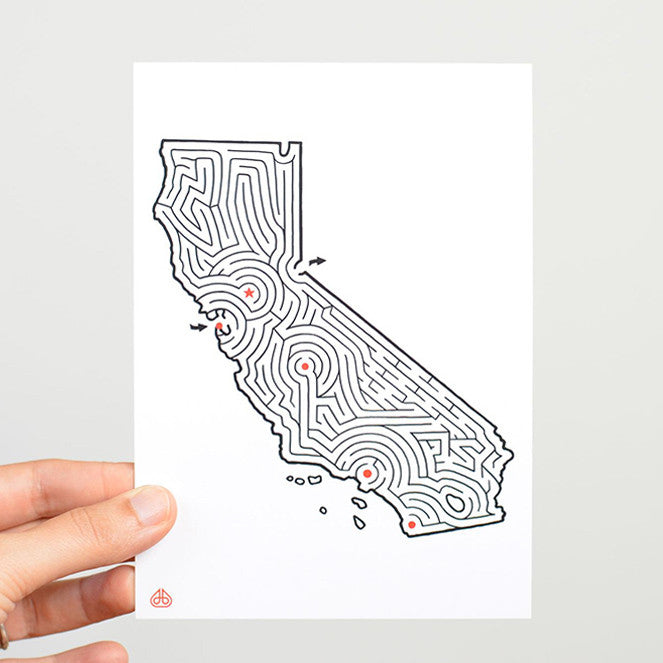 California Map Maze Postcard by David BIrkey / imaginaryanimal.com