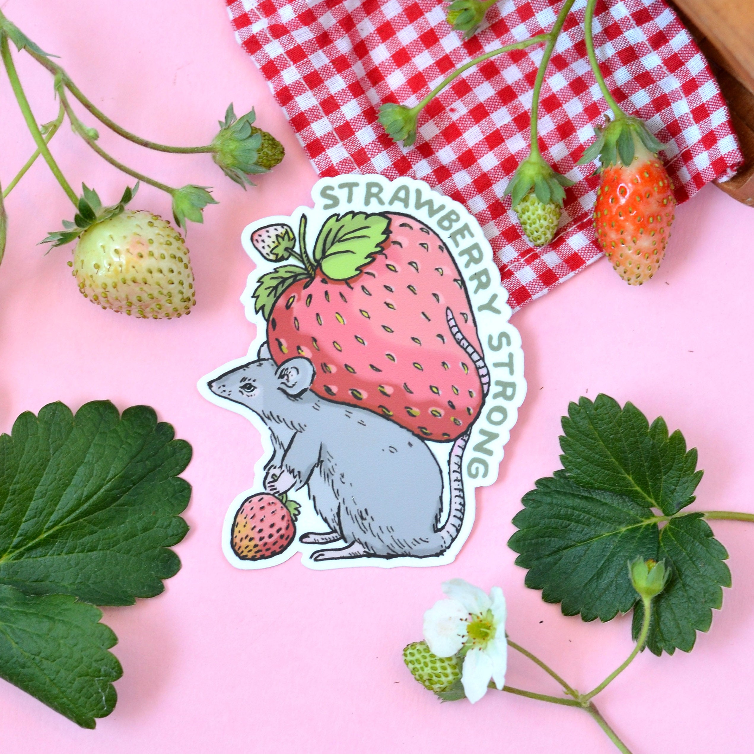 Strawberry Strong Cute Mouse Sticker | Premium Die Cut Vinyl | 3.5 x 2.8 inches