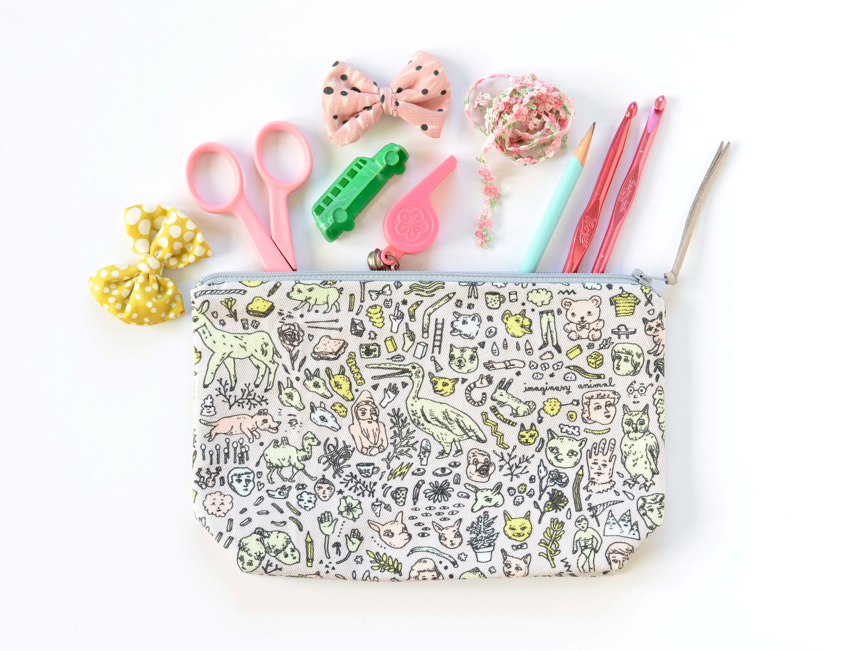 Doodletown Zipper Pouch | Medium Boxy | Original Fabric Design | Grey / Pink / Mint