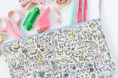 Doodletown Zipper Pouch | Medium Boxy | Original Fabric Design | Grey / Pink / Mint