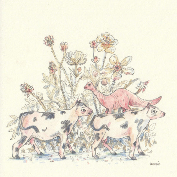 Original Pencil & Watercolor Drawing | Cows and Friend