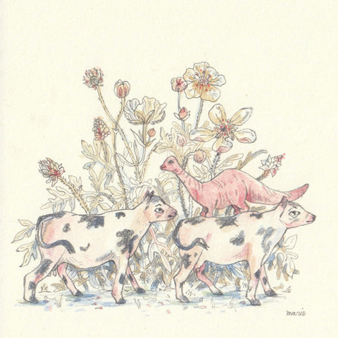 Original Pencil & Watercolor Drawing | Cows and Friend