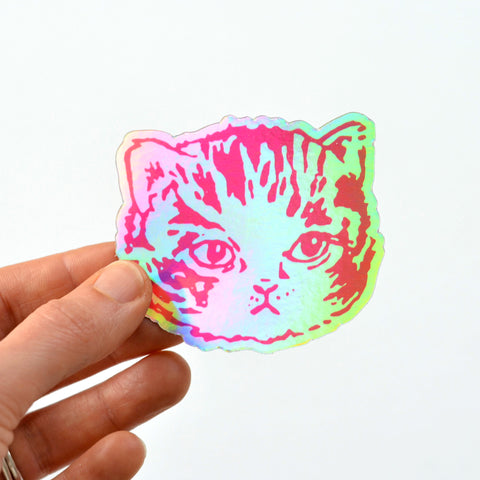 Holographic Cat Vinyl Die Cut Sticker in hand
